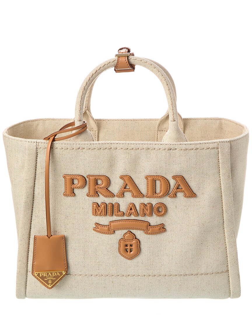 Shop Prada Large Linen & Leather Tote In Brown