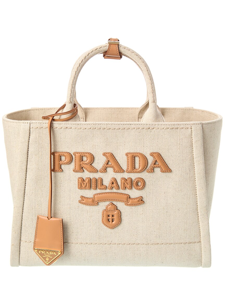 Shop Prada Large Linen & Leather Tote In Brown