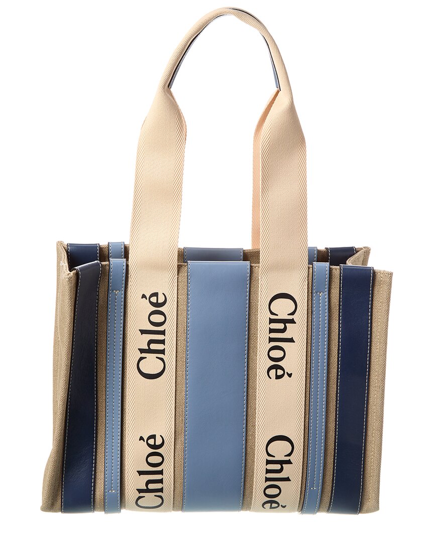 Shop Chloé Woody Medium Canvas & Leather Tote In Blue