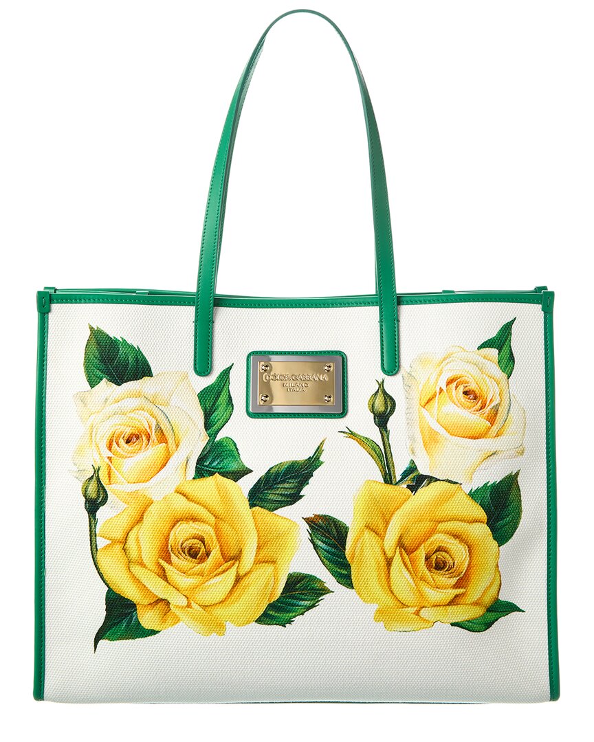 Dolce & Gabbana Rose Printed Large Cotton Tote In Green