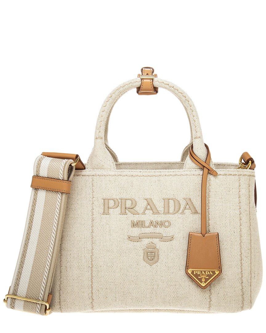 Shop Prada Linen-blend Small Leather-trim Bag In Brown