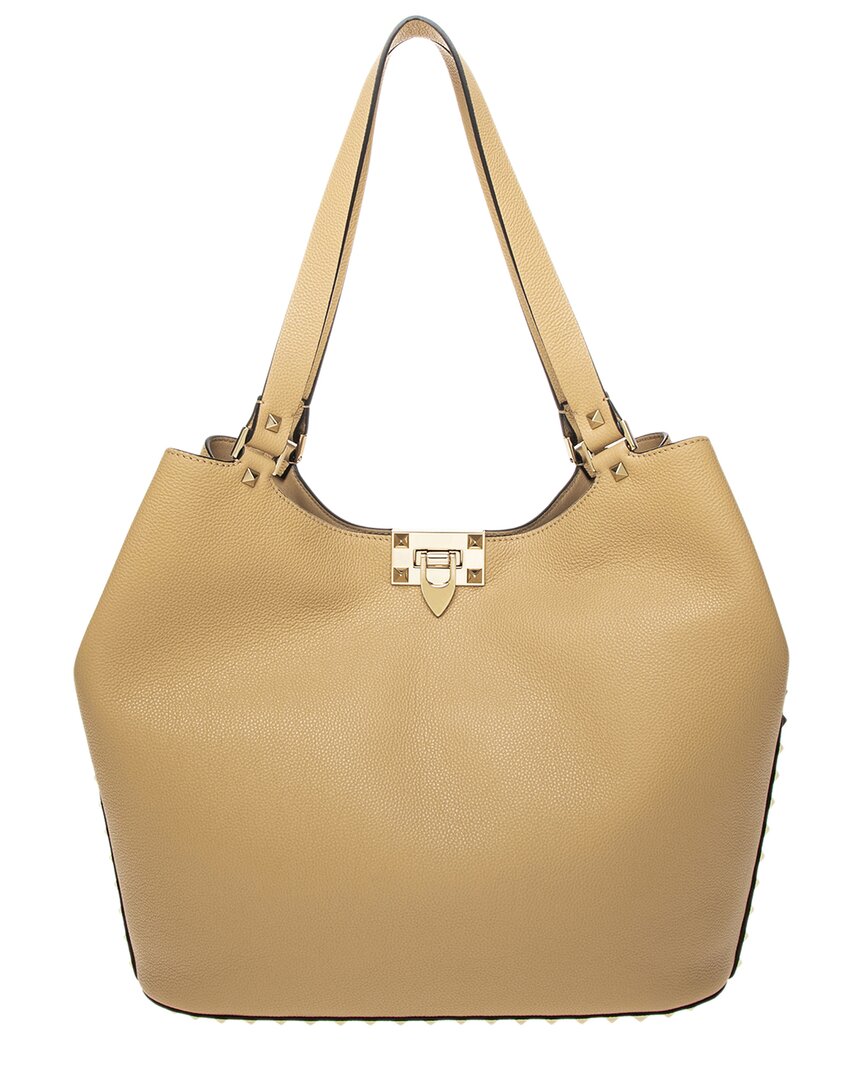 Shop Valentino Rockstud Leather Tote In Brown