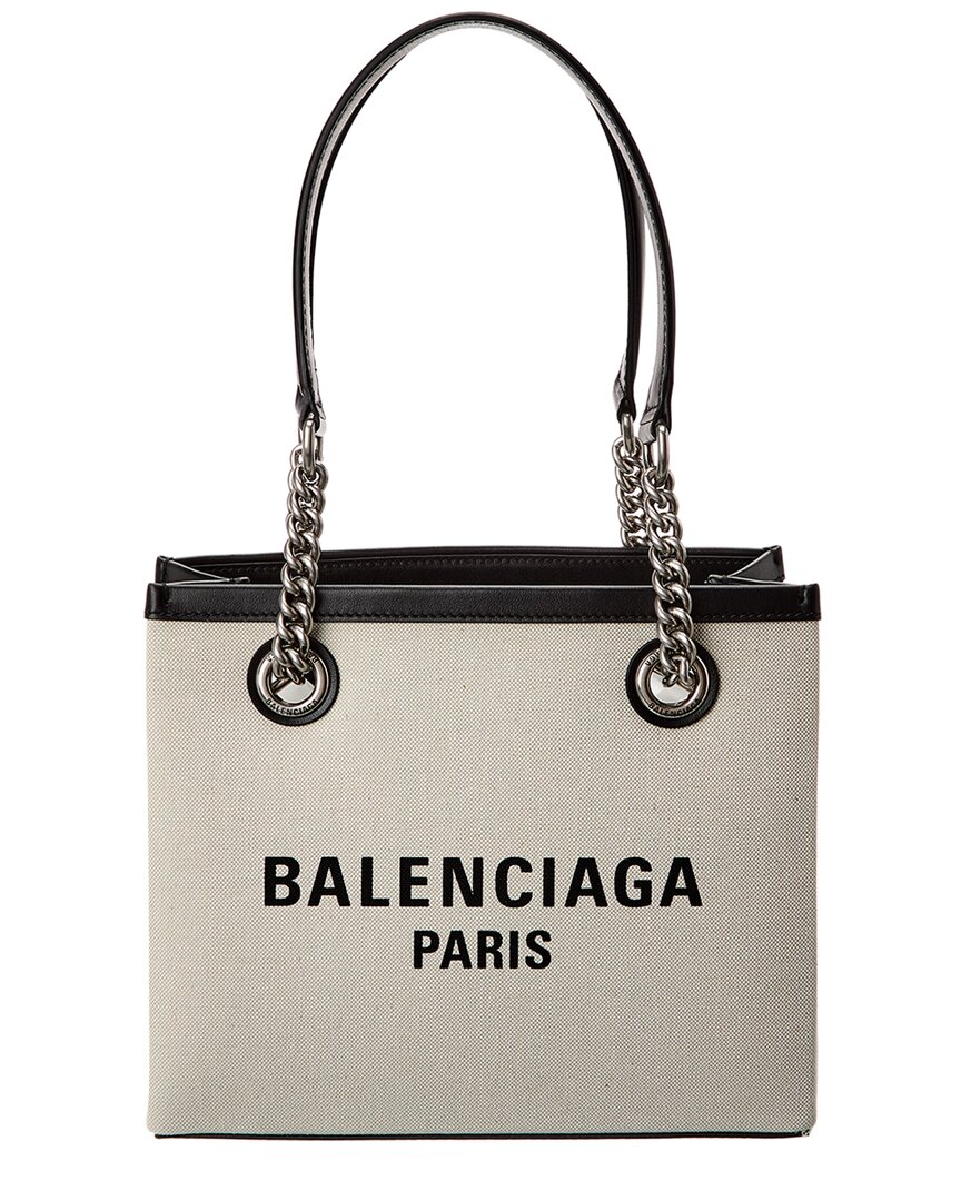Shop Balenciaga Duty Free Canvas & Leather Tote In Beige