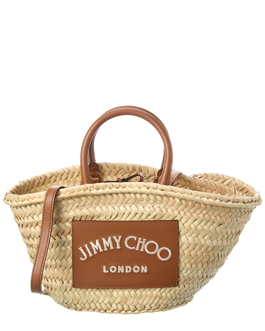 Jimmy Choo Beach Small Raffia & Leather Basket Tote In Brown