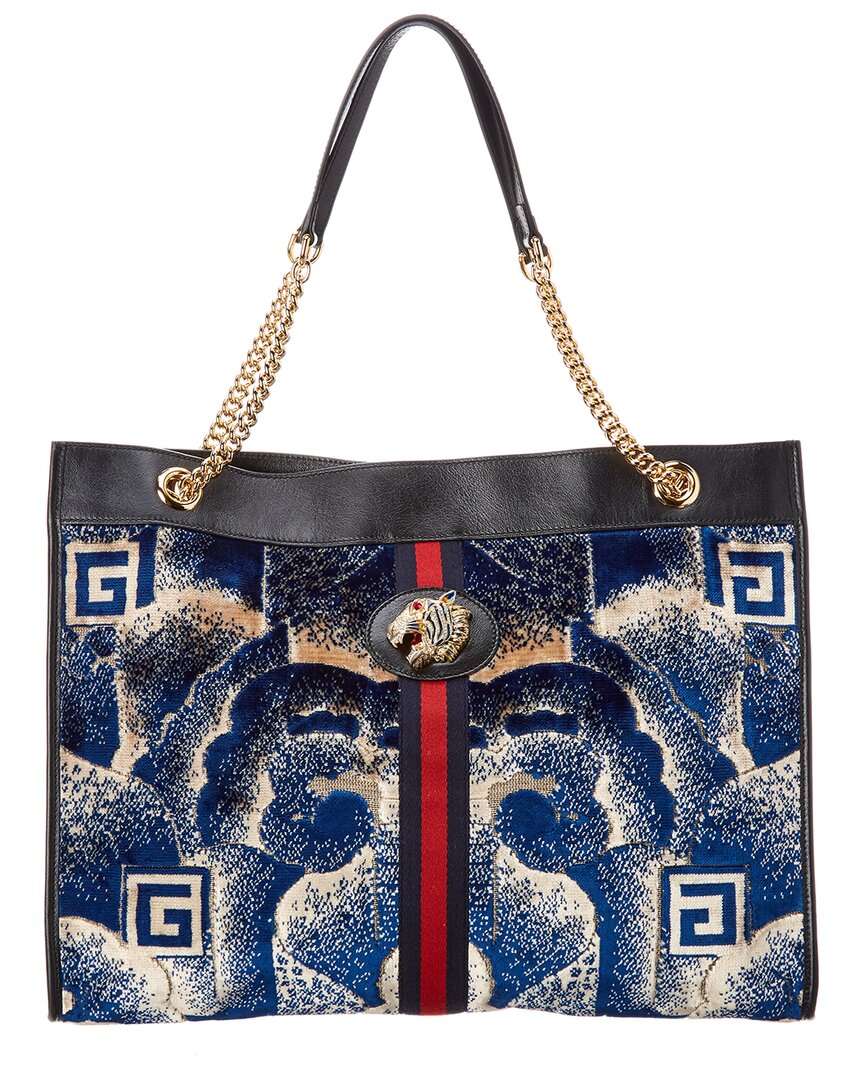 Gucci Rajah G Cloud Large Velvet & Leather Tote In Blue