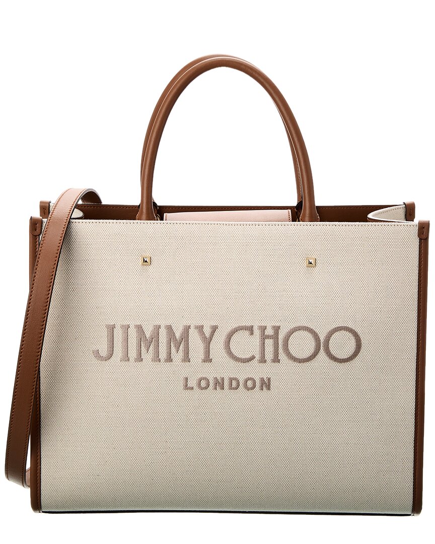Shop Jimmy Choo Avenue Medium Canvas & Leather Tote In Brown
