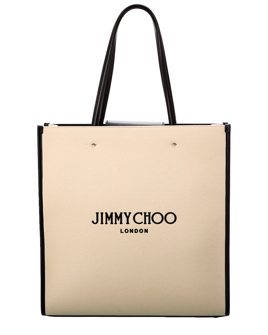 Shop Jimmy Choo N/s Large Canvas & Leather Tote In Black
