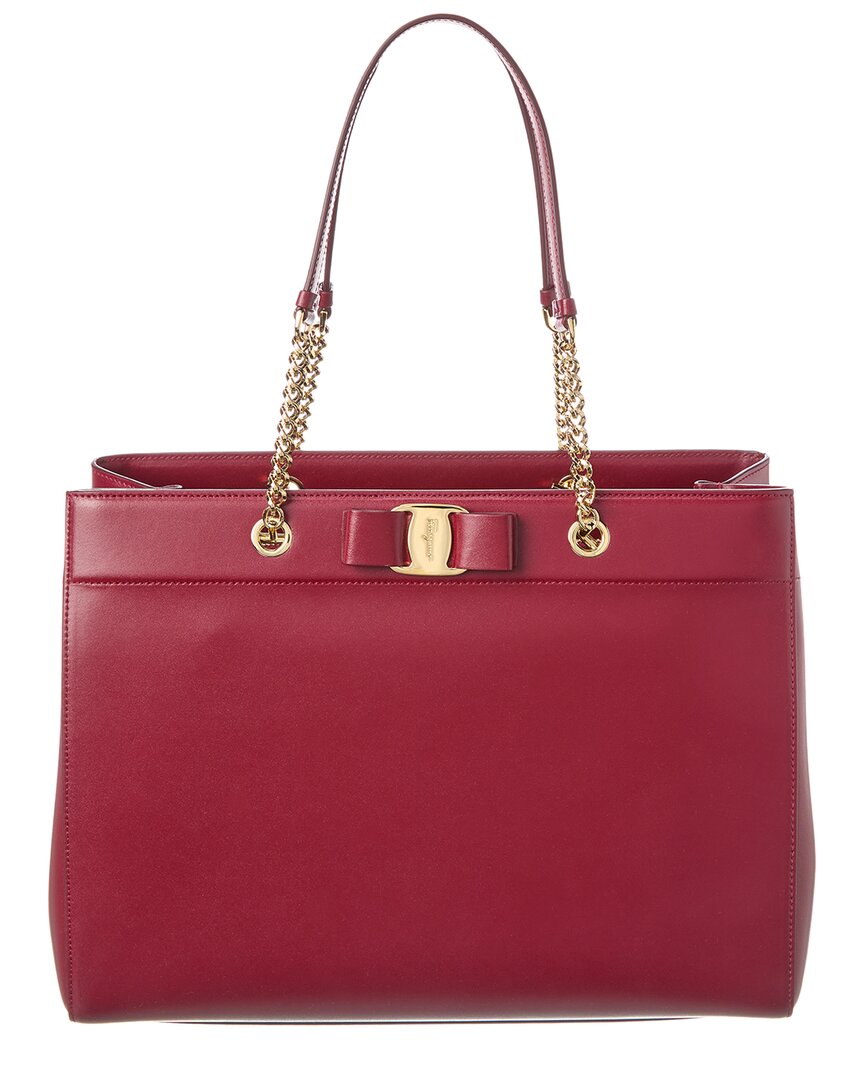 Ferragamo Vara Bow Double Handle Leather Tote In Red