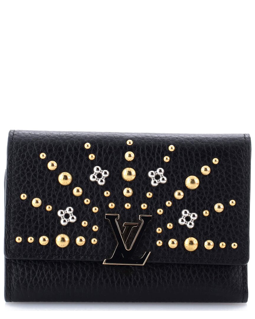 Pre-owned Louis Vuitton Black Sheep Leather Capucines Wallet With Embellished Detail  Compact (authentic Pre-l
