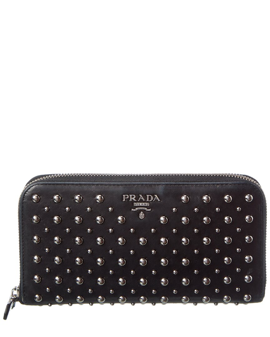 Prada Black Saffiano Leather Studded Zip-around Wa