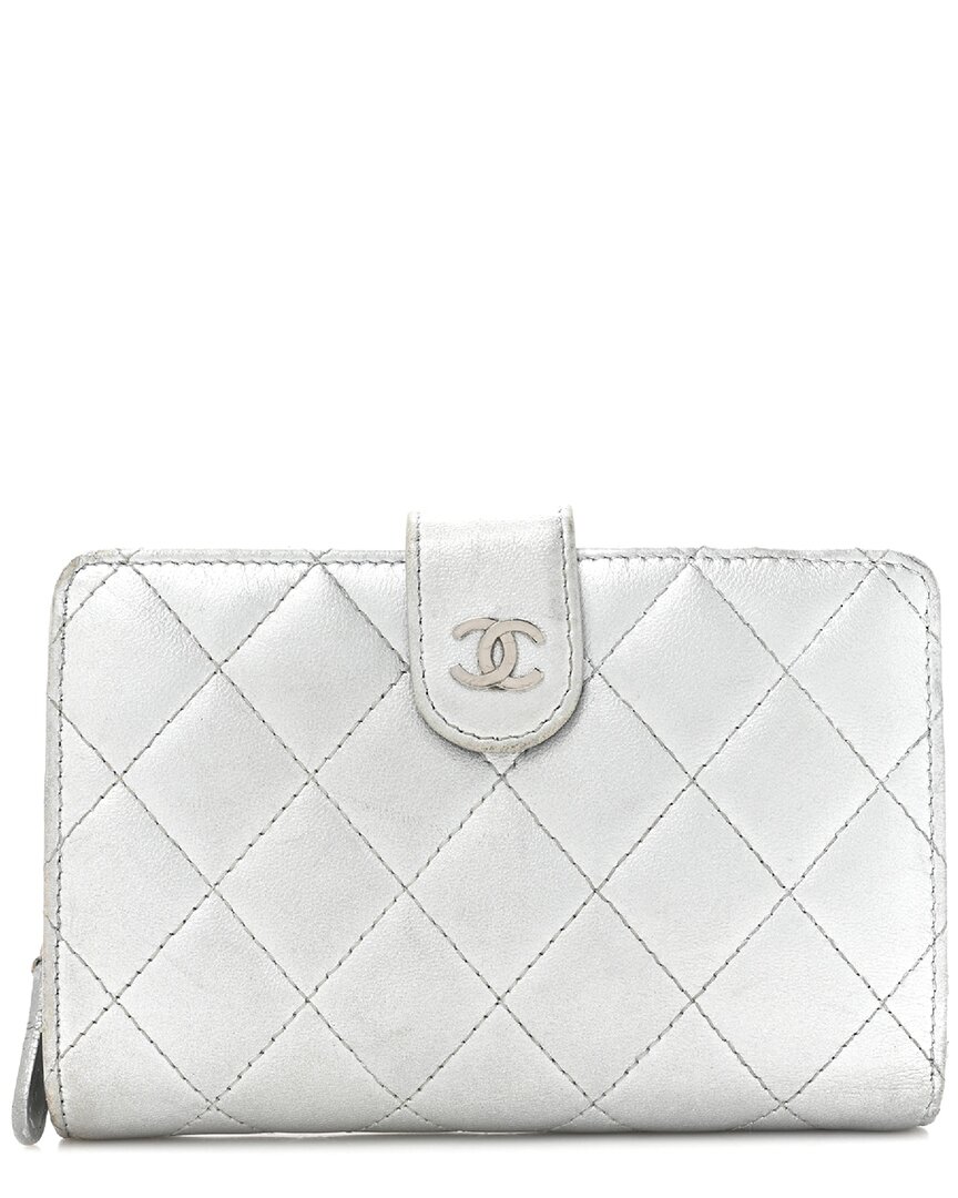 CHANEL CHANEL SILVER QUILTED LAMBSKIN LEATHER METALLIC ZIPPED POCKET WALLET  (AUTHENTIC PRE-OWNED)