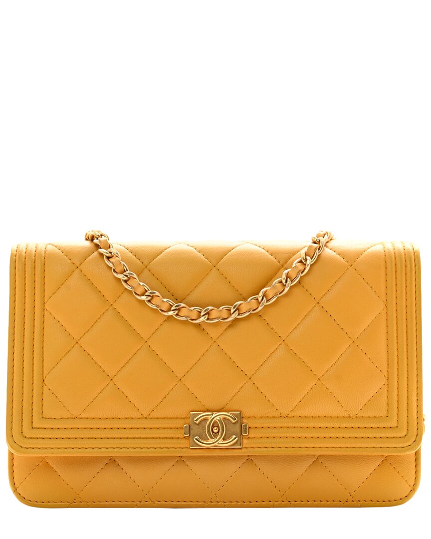 Pre-owned Chanel Yellow Quilted Lambskin Leather Boy Wallet On Chain (authentic )