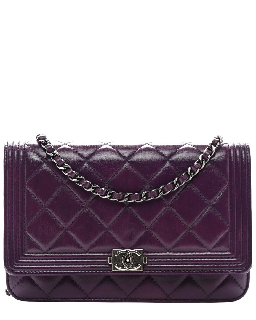 Pre-owned Chanel Purple Quilted Lambskin Leather Boy Wallet On Chain (authentic )