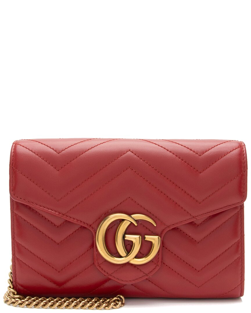 Gucci Red Leather Gg Marmont Mini Wallet On Chain (authentic Pre-loved) In Red