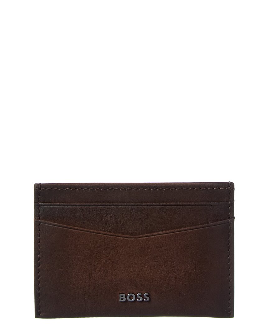Hugo Boss New Crosstown Leather Card Holder In Brown