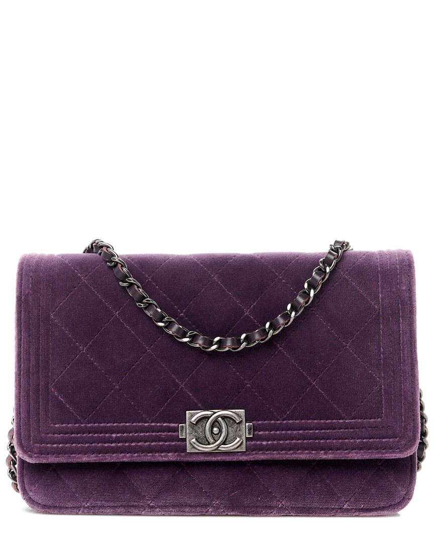 Pre-owned Chanel Purple Quilted Velvet Boy Wallet On Chain (authentic Pre-loved)