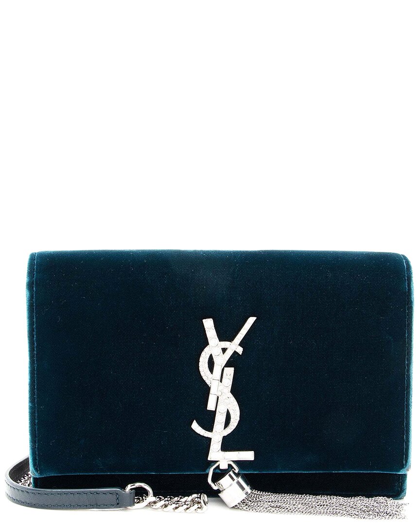 Saint Laurent Blue Velvet Crystal Monogram Kate Tassel Chain Wallet (authentic Pre-loved) In Blue