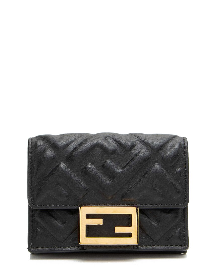 Fendi Women Micro Trifold Wallet In Ff Leather In Black