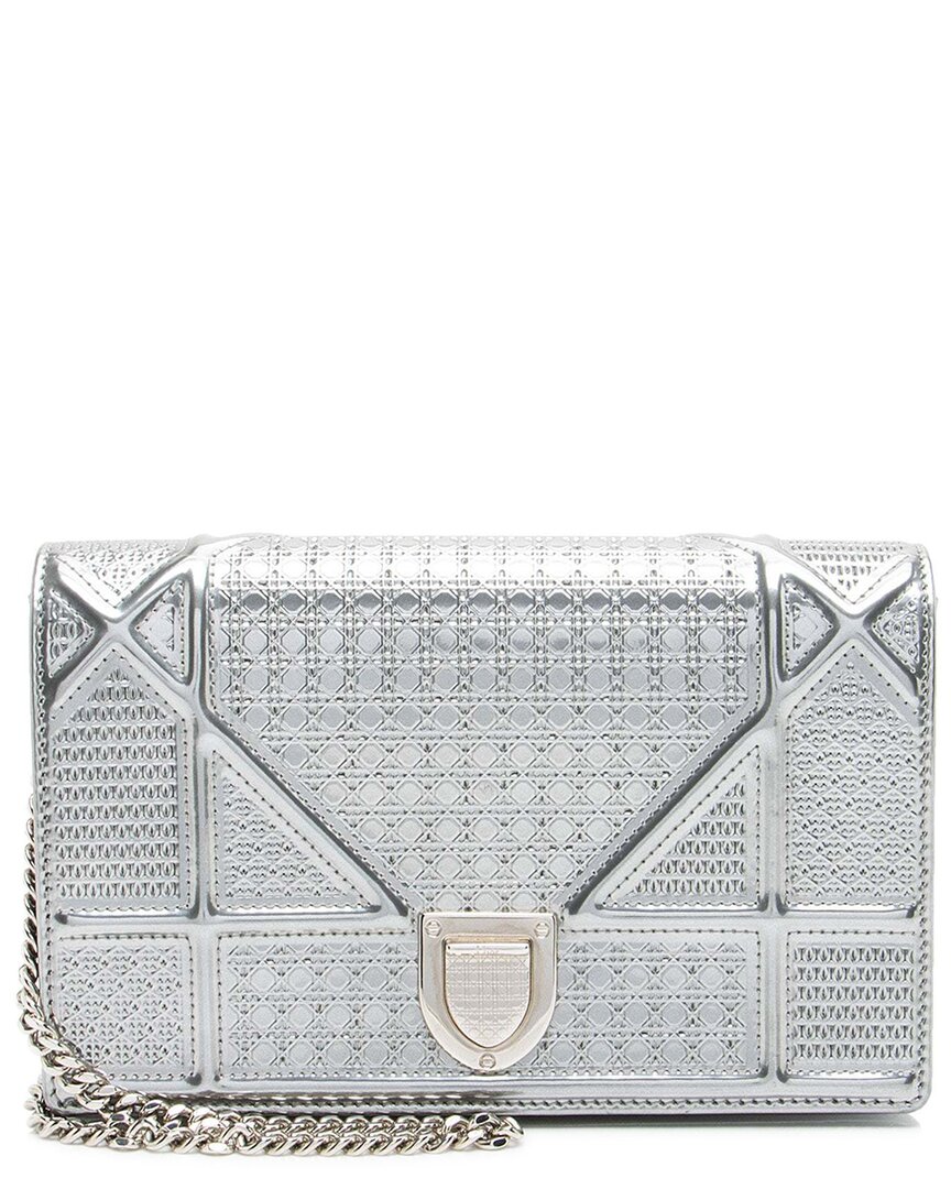 Dior Metallic Calfskin Micro Cannage Ama Wallet On Chain (authentic Pre- Loved) In Silver