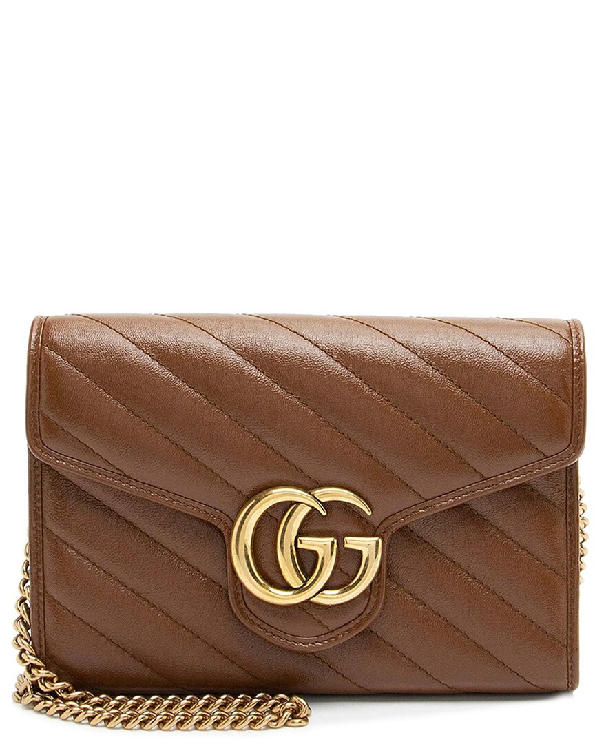 Gucci Brown Matelasse Leather Diagonal Gg Marmont Mini Wallet On Chain (authentic Pre-loved)