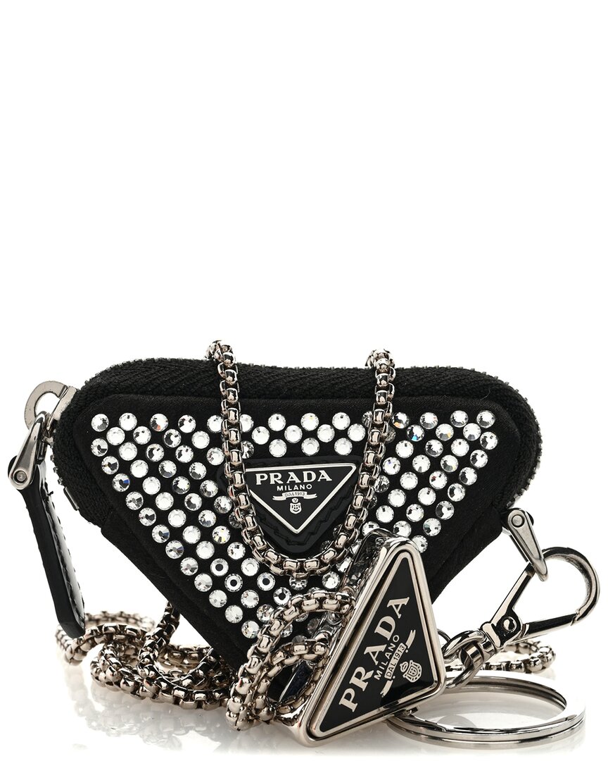 Prada Black Satin Crystal Mini Triangle Card Holder With Strap (authentic Pre-  Loved)