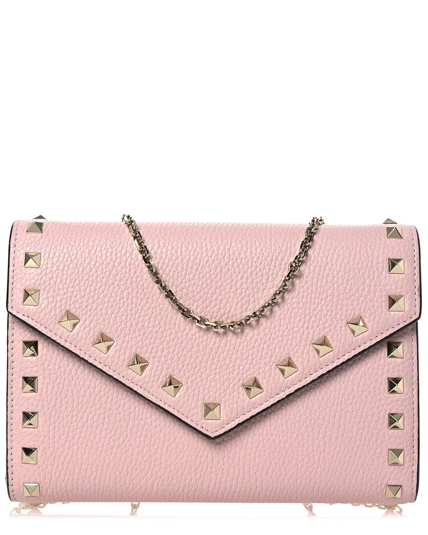 Valentino Garavani Valentino Rose Poudre Calfskin Leather Rockstud Envelope Wallet On Chain  (authentic Pre-loved)