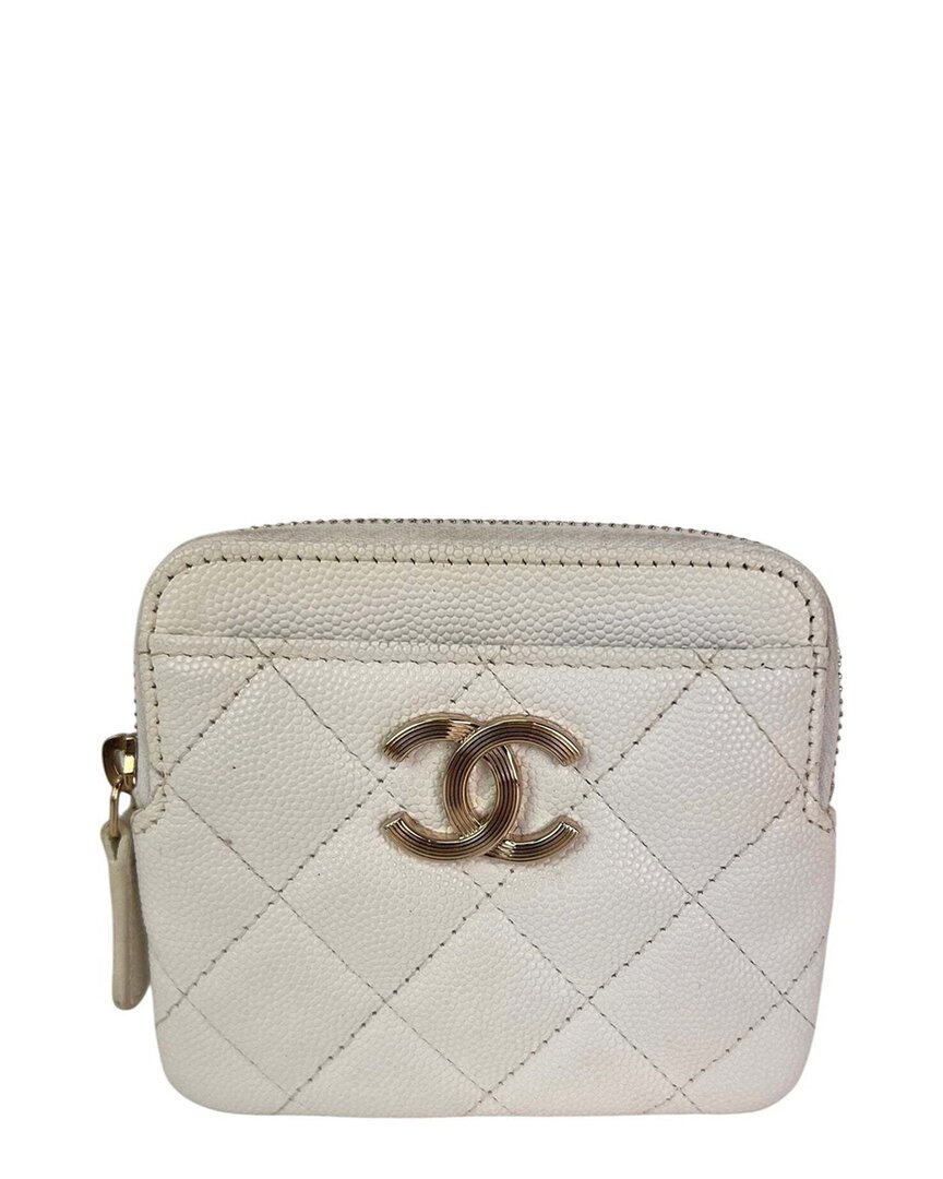 Pre-owned Chanel White Caviar Leather Quilted Cc Zip Card Holder White Wallet (authentic Pre-loved)