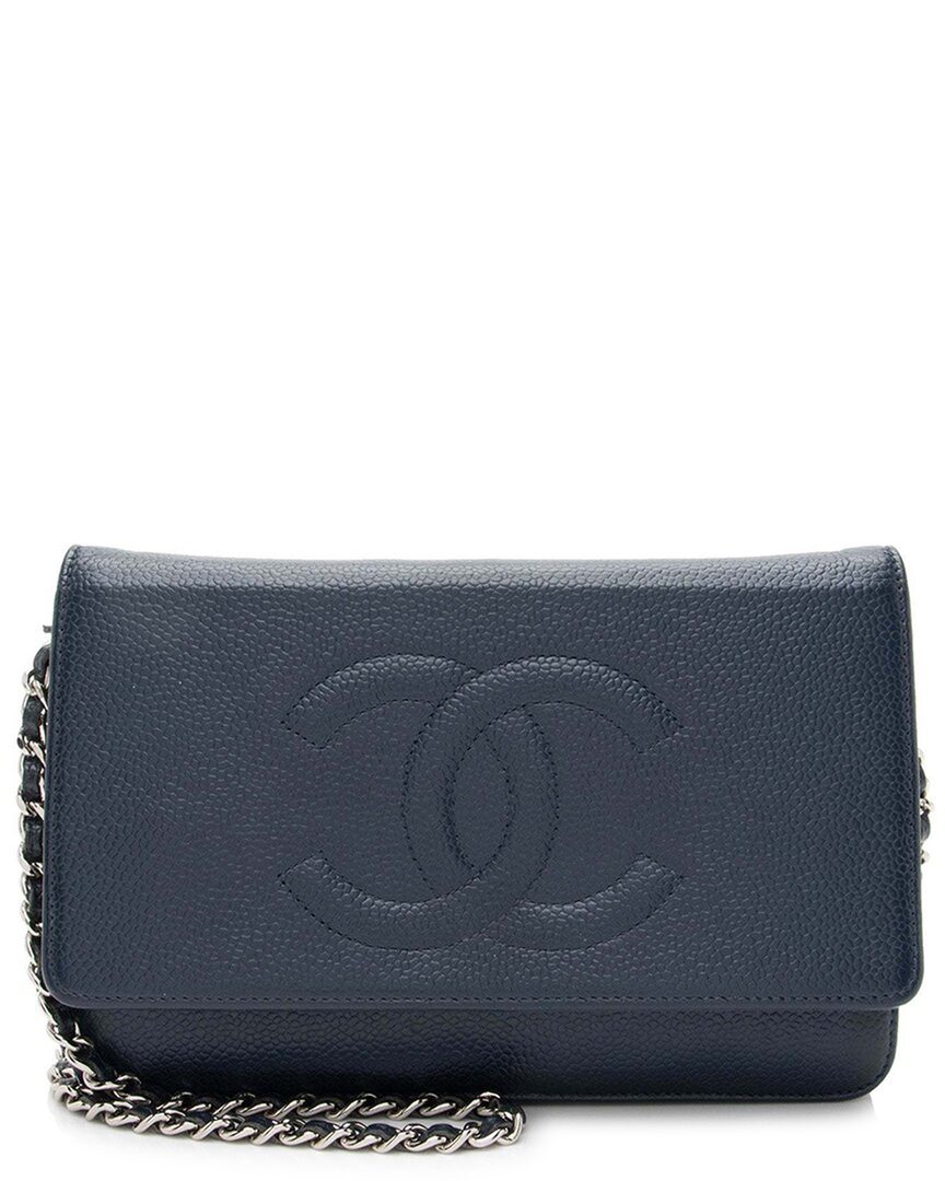 Pre-owned Chanel Blue Caviar Leather Timeless Cc Wallet On Chain (authentic Pre-loved)