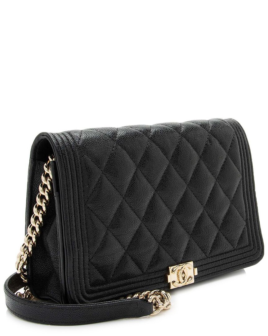 Pre-owned Chanel Black Calfskin Grained Shiny Boy Wallet On Chain (authentic Pre-loved)