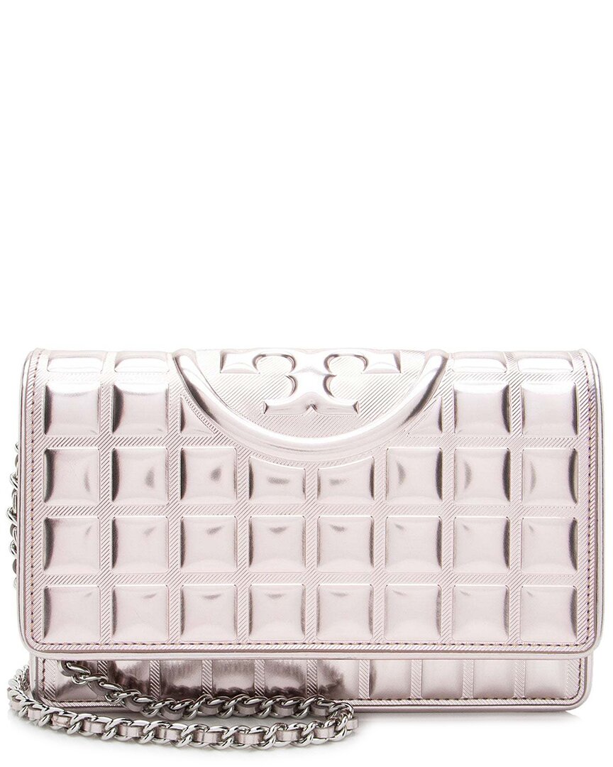 Tory Burch Pink Leather Metallic Square Quilted Fleming Soft Wallet On Chain  (authentic Pre-loved) In Metallic