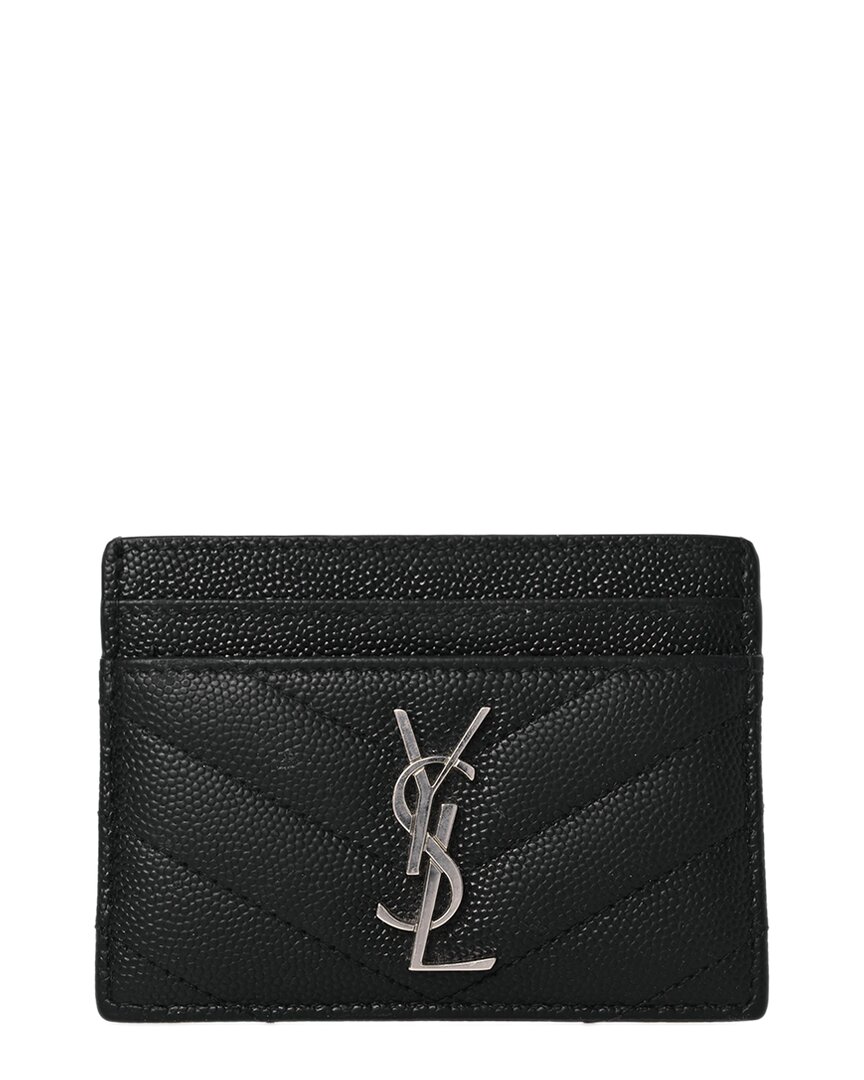 Saint Laurent Black Grain De Poudre Leather Matelasse Chevron Monogram Credit Card Case (authentic P