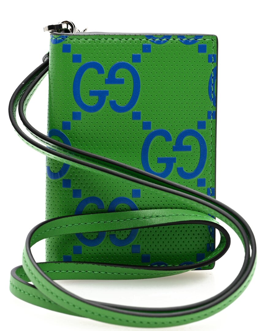 Gucci Blue Gg Tennis Bi-color Embossed Card Case (authentic Pre-loved) In Green