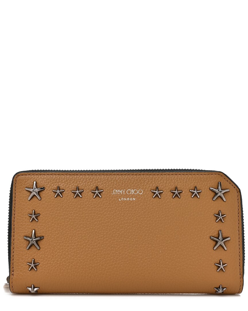 Jimmy Choo Brown Calfskin Leather Star Studded Zip Around Wallet (authentic Pre-loved)