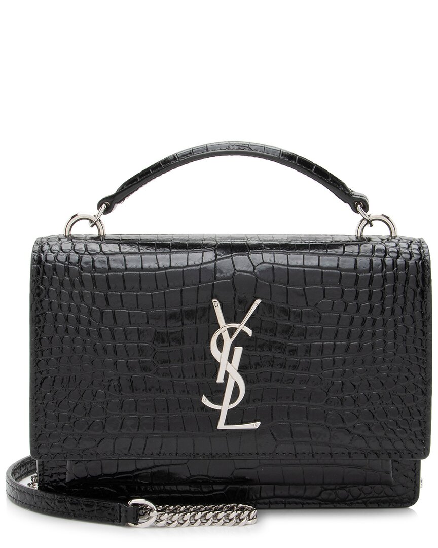 Saint Laurent Black Croc-embossed Leather Sunset Chain Wallet (authentic Pre- Loved) In Black