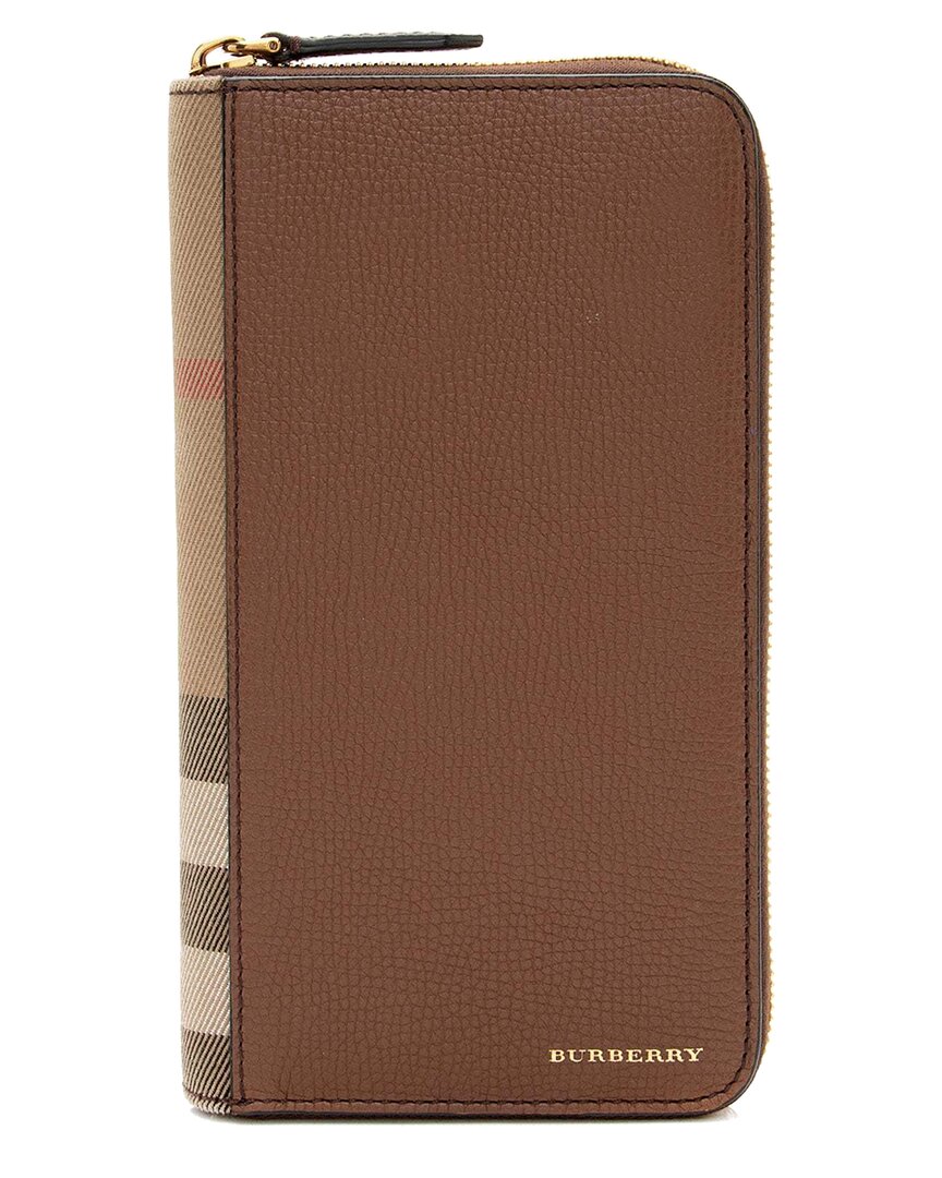 Burberry Brown Calfskin House Check Renfrew Zip Around Wallet (authentic Pre- Loved) In Brown