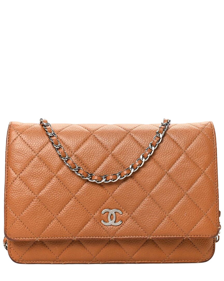 Pre-owned Chanel Light Brown Caviar Leather Quilted Wallet On Chain (authentic Pre-  Loved)