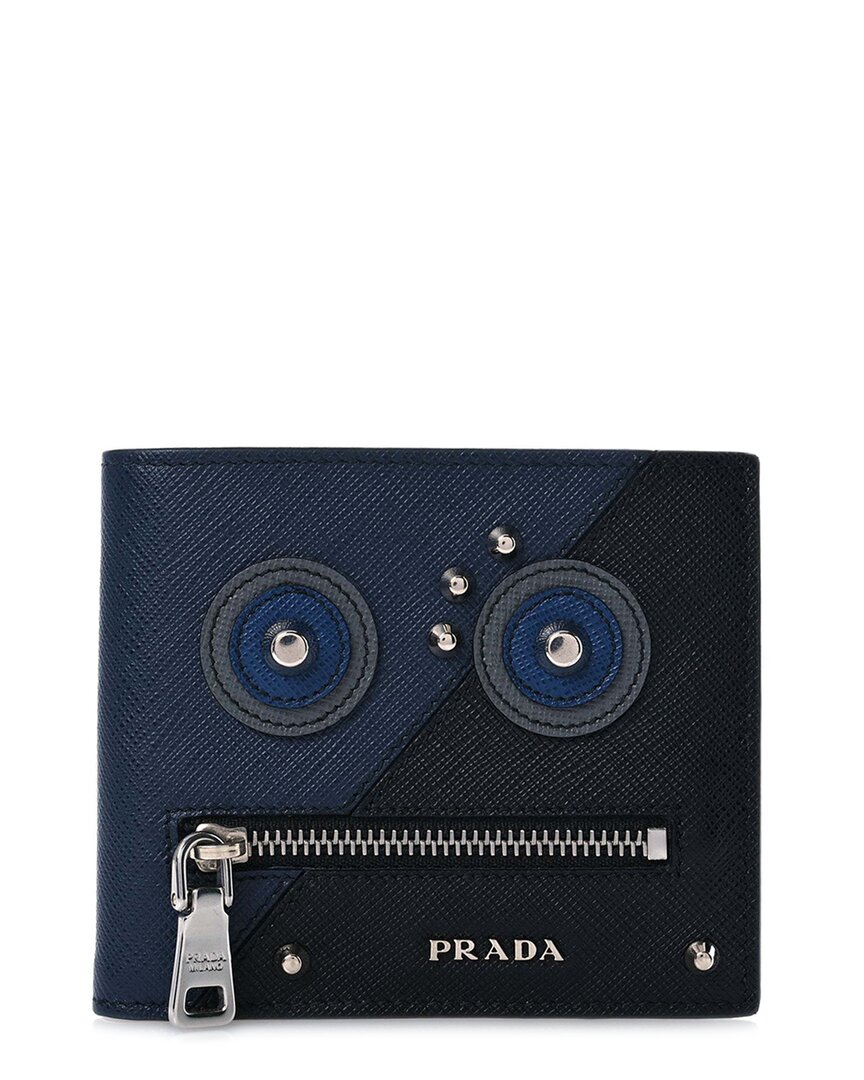Prada Black Saffiano Leather Robot Bifold Wallet (authentic Pre-loved) In Blue