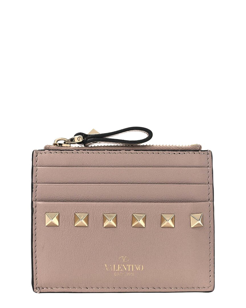 Valentino Garavani Valentino Poudre Pebbled Calfskin Leather Rockstud Coin Case Card Holder (authentic Pre-loved) In Neutral