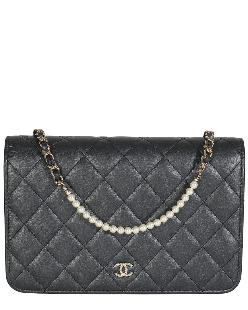 Pre-owned Chanel Grey Quilted Leather Pearl Wallet On Chain (authentic Pre-loved)