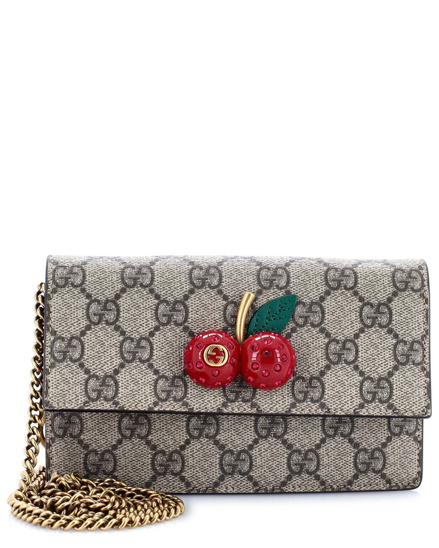 Gucci Cherries Wallet On Chain Gg Coated Canvas Mini (authentic Pre-loved) In Neutral