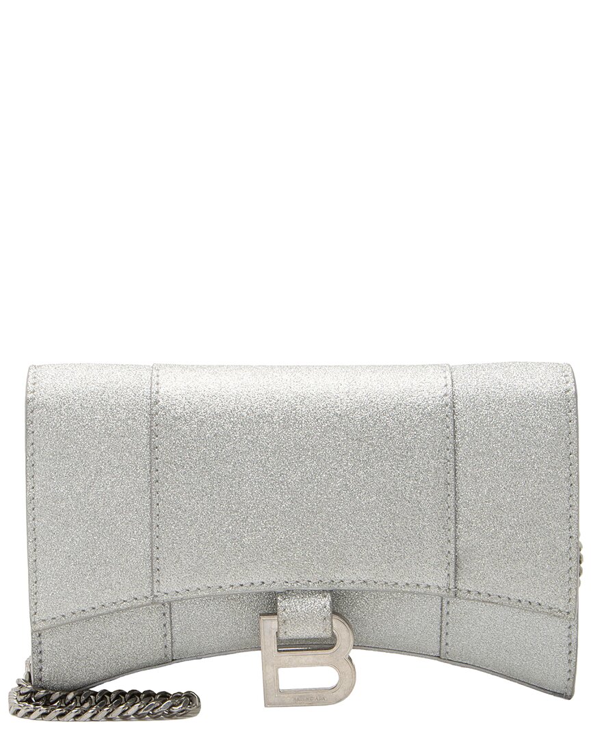 Pre-owned Balenciaga Silver Glitter Hourglass Xs Wallet On Chain (authentic Pre-loved)