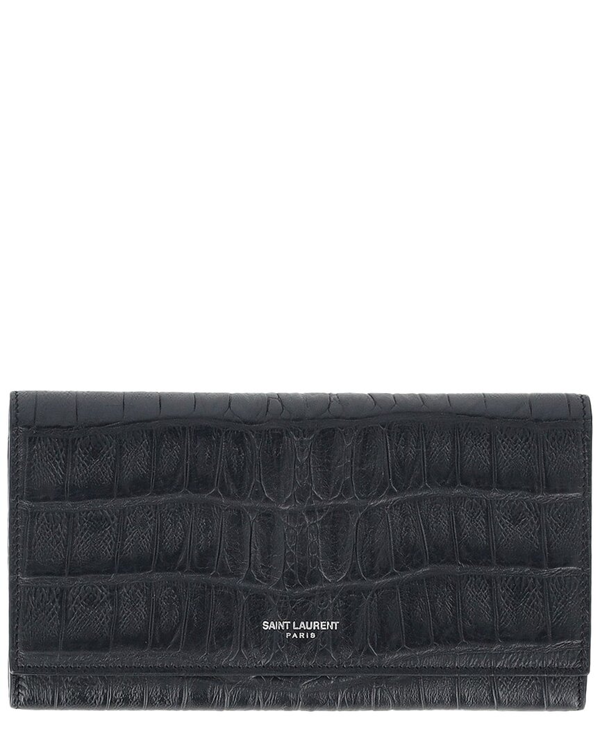Saint Laurent Black Croc-embossed Leather Long Bifold Wallet (authentic Pre-loved)