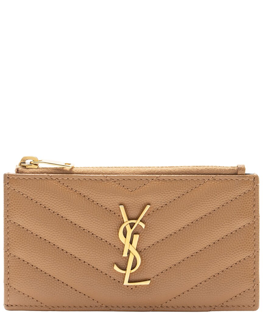 Saint Laurent Matelassé Grain De Poudre Monogram Fragments Zipper Card Case  (authentic Pre-loved) In Brown