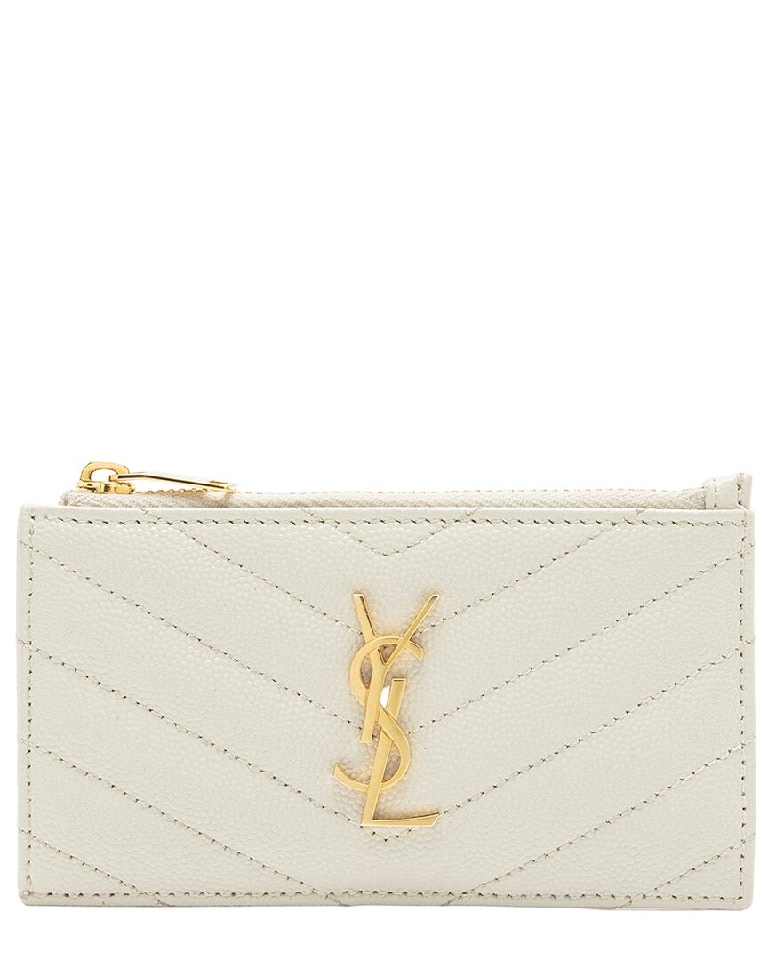 Pre-owned Saint Laurent White Matelassé Leather Fragments Zipper Card Case (authentic Pre-loved)