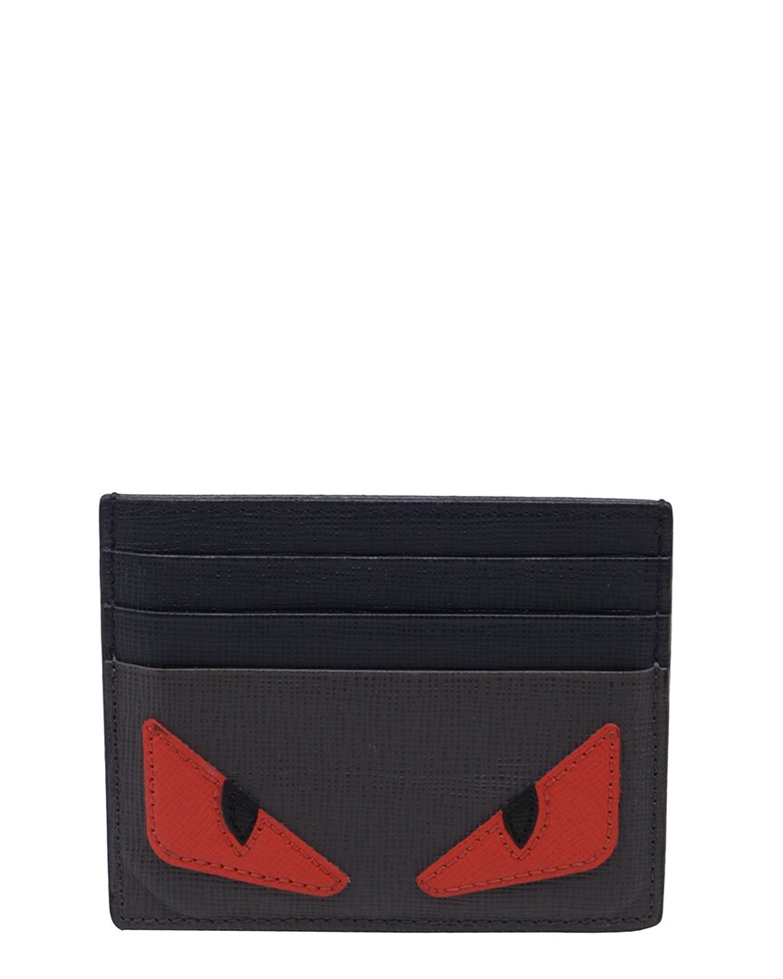 Pre-owned Fendi Light Blue Leather Monster Card Holder In Grey (authentic Pre-loved)