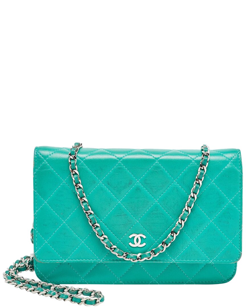 Pre-owned Chanel Green Patent Leather & Leather Cc Wallet On Chain (authentic )