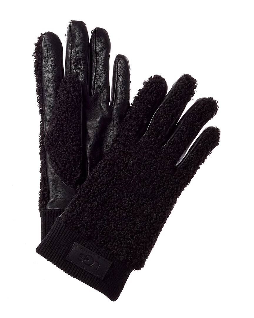 Shop Ugg Knit Cuff Sherpa & Leather Gloves In Black