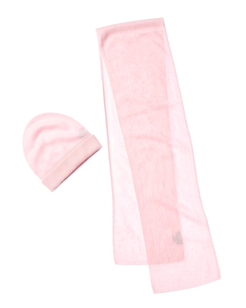 Amicale Cashmere Brushed Cashmere Hat & Scarf Set In Pink