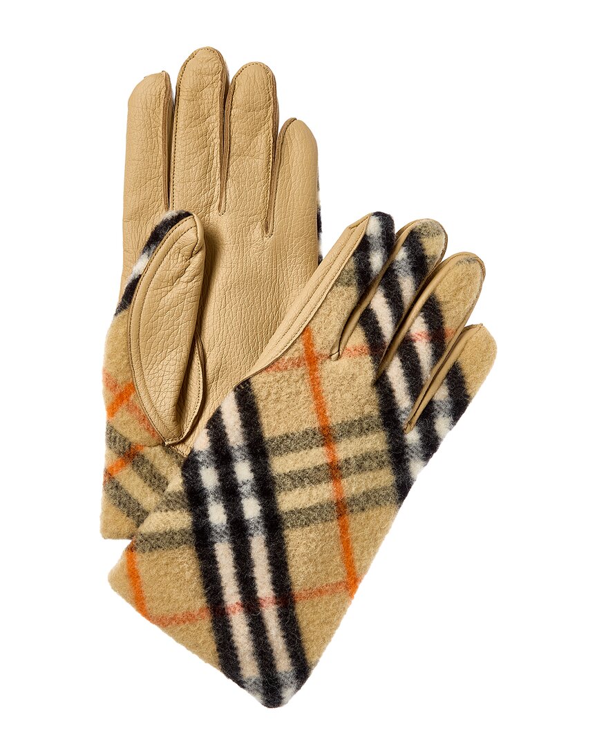 Burberry Check Wool & Leather Gloves In Beige
