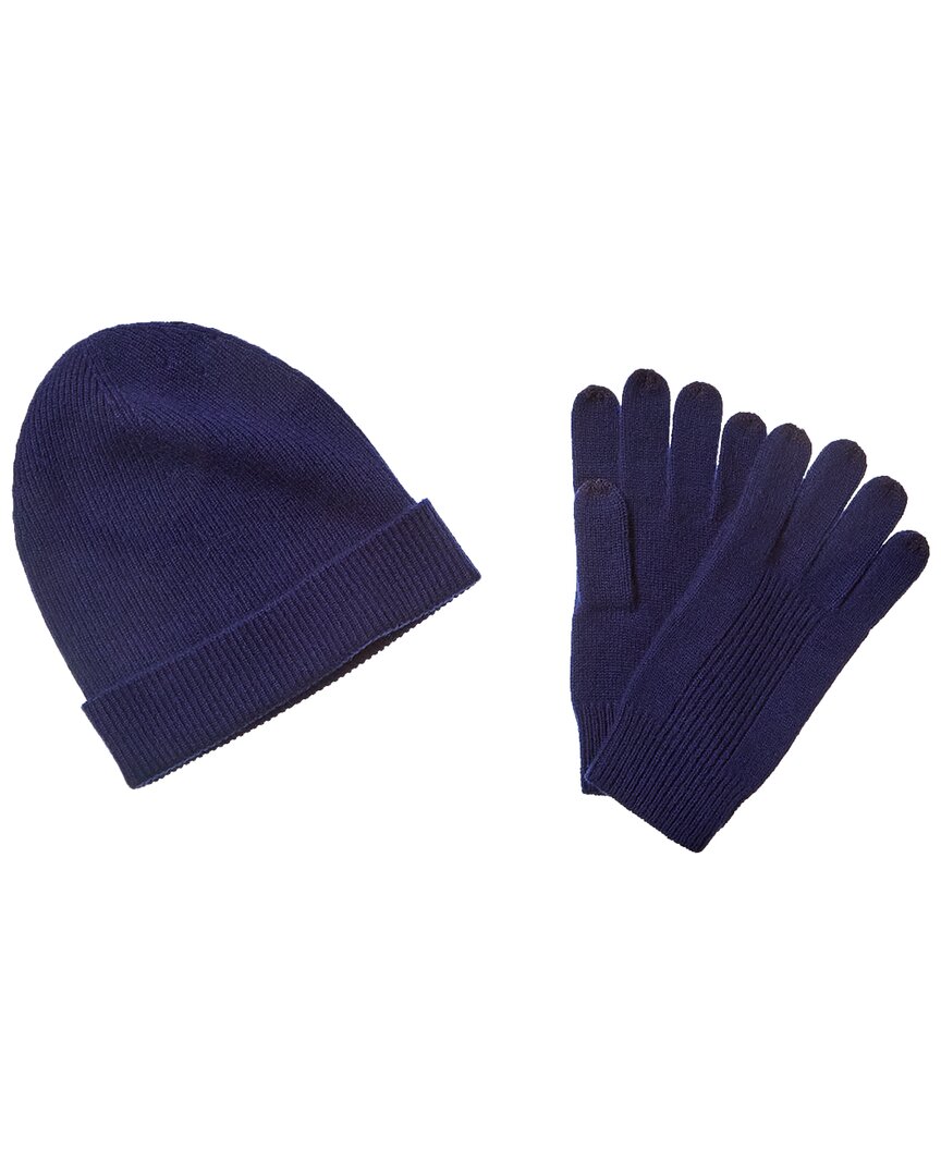 Shop Qi Cashmere 2pc Ribbed Cashmere Hat & Glove Set In Blue